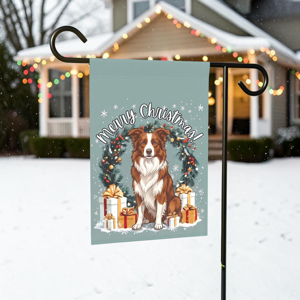Merry Christmas Red And White Border Collie Garden Flag