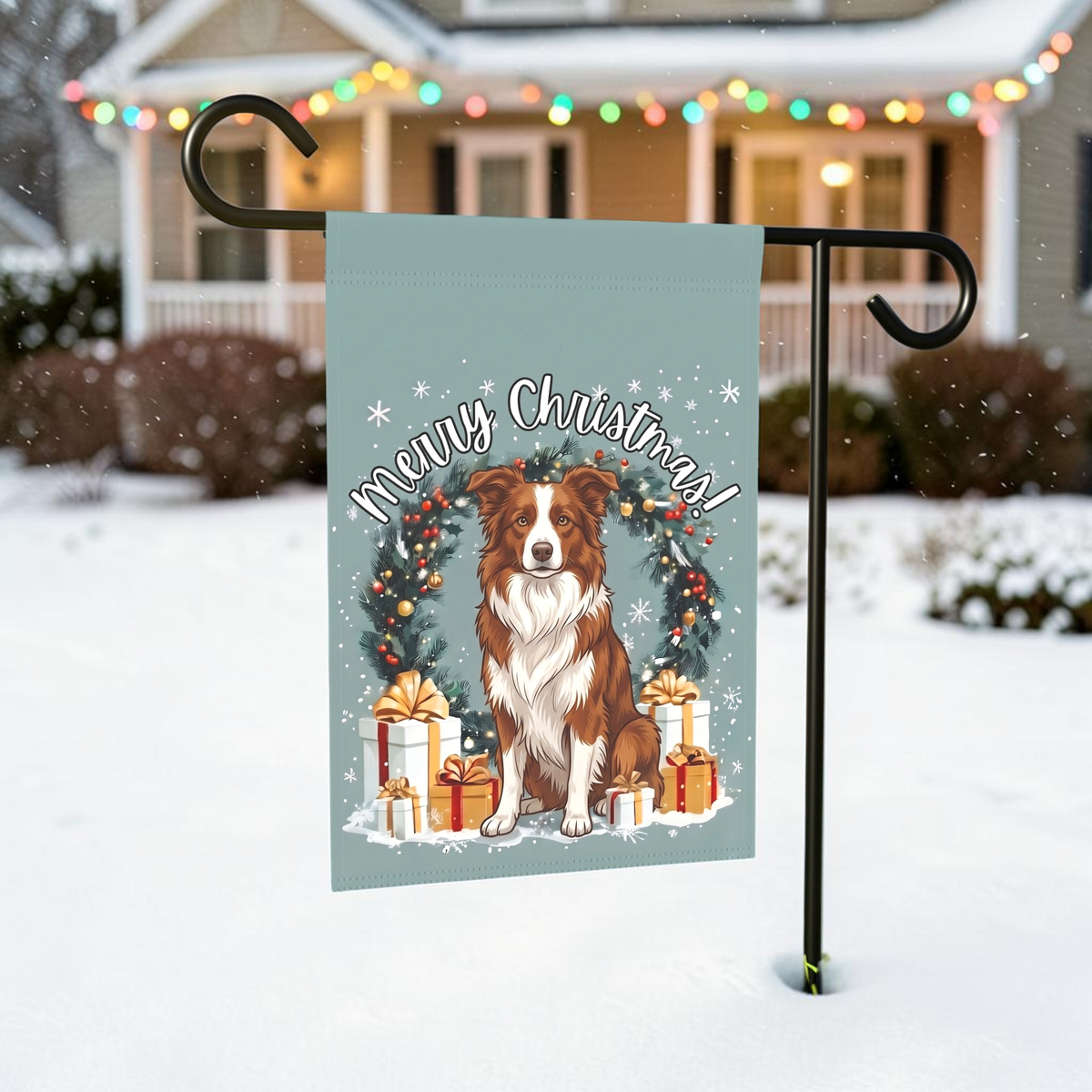 Merry Christmas Red And White Border Collie Garden Flag
