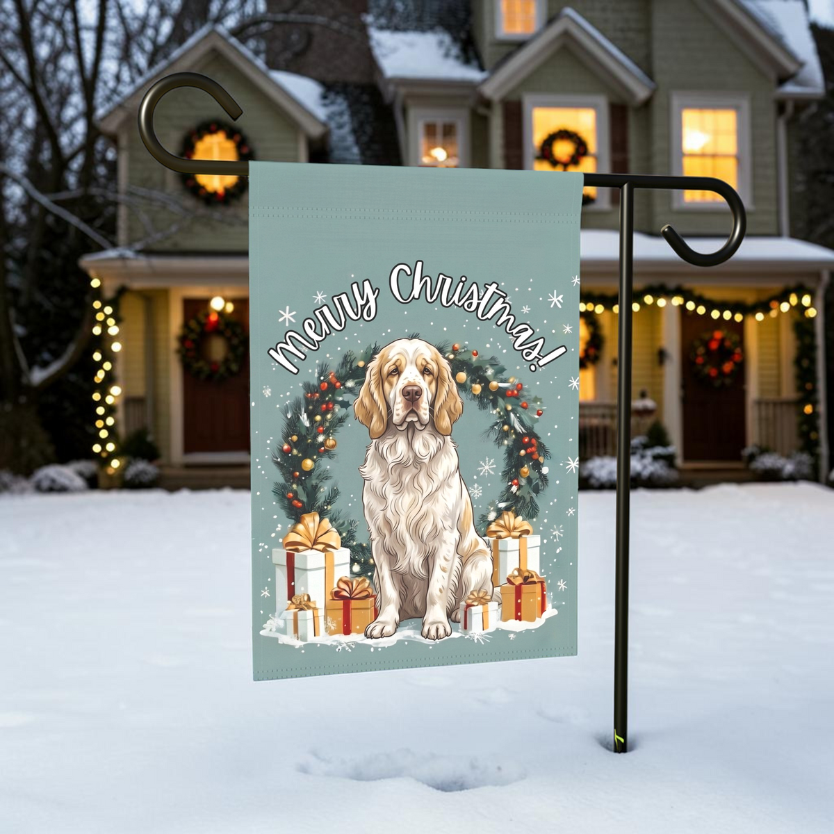 Merry Christmas Clumber Spaniel Garden Flag