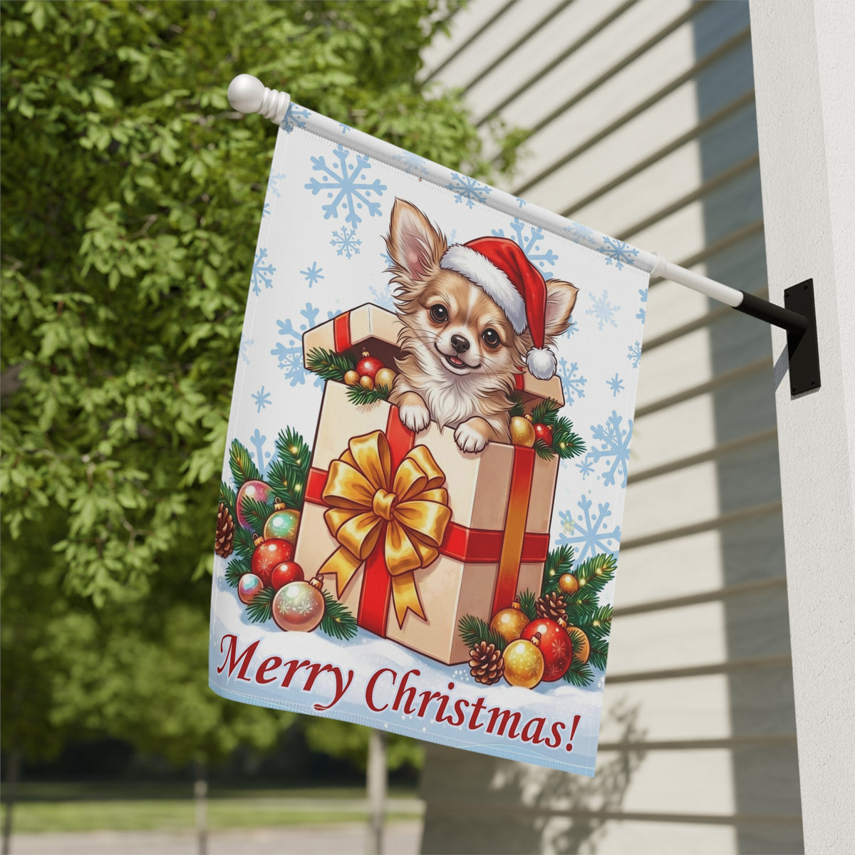 Long Hair Chihuahua And Christmas Present Garden Flag