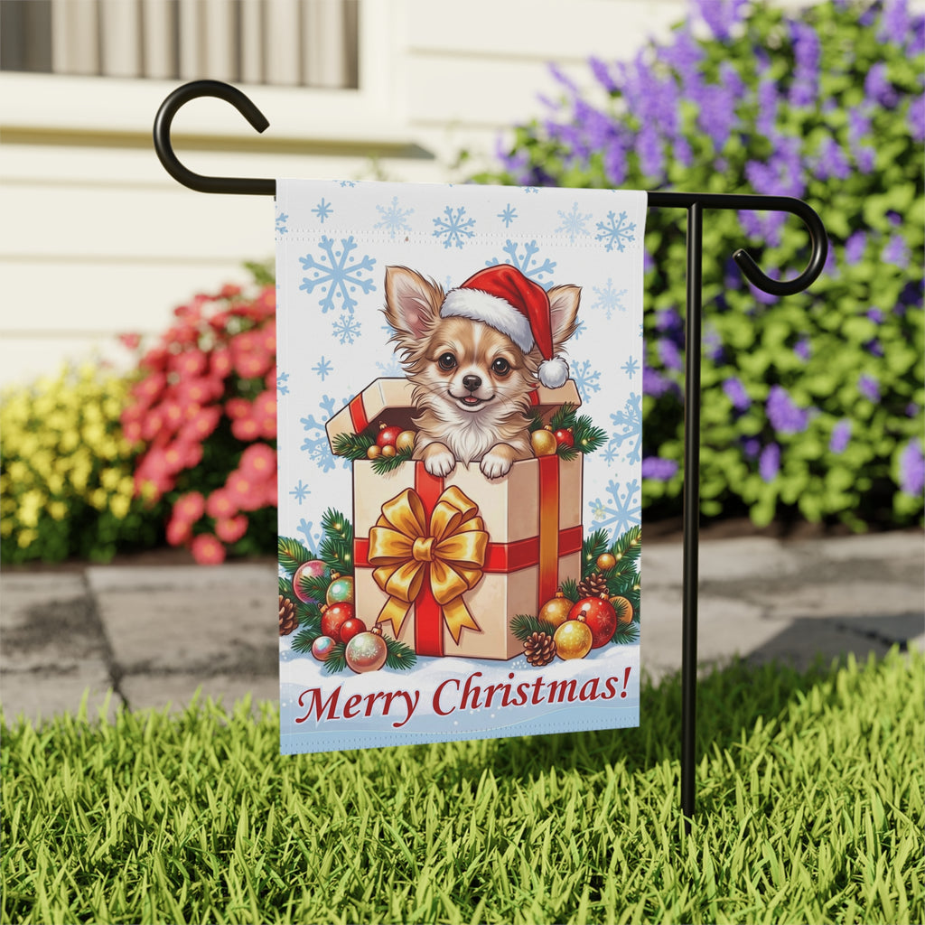 Long Hair Chihuahua And Christmas Present Garden Flag