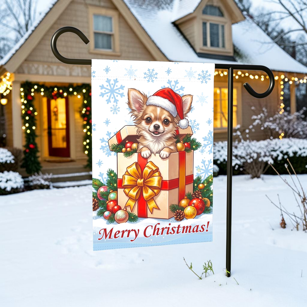 Long Hair Chihuahua And Christmas Present Garden Flag