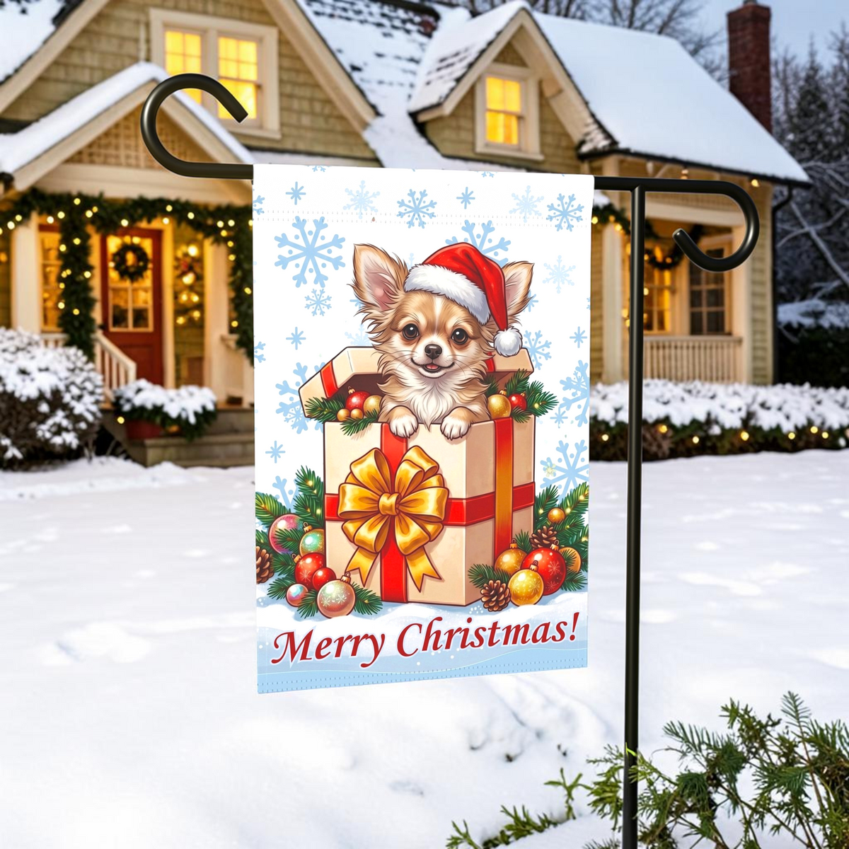 Long Hair Chihuahua And Christmas Present Garden Flag