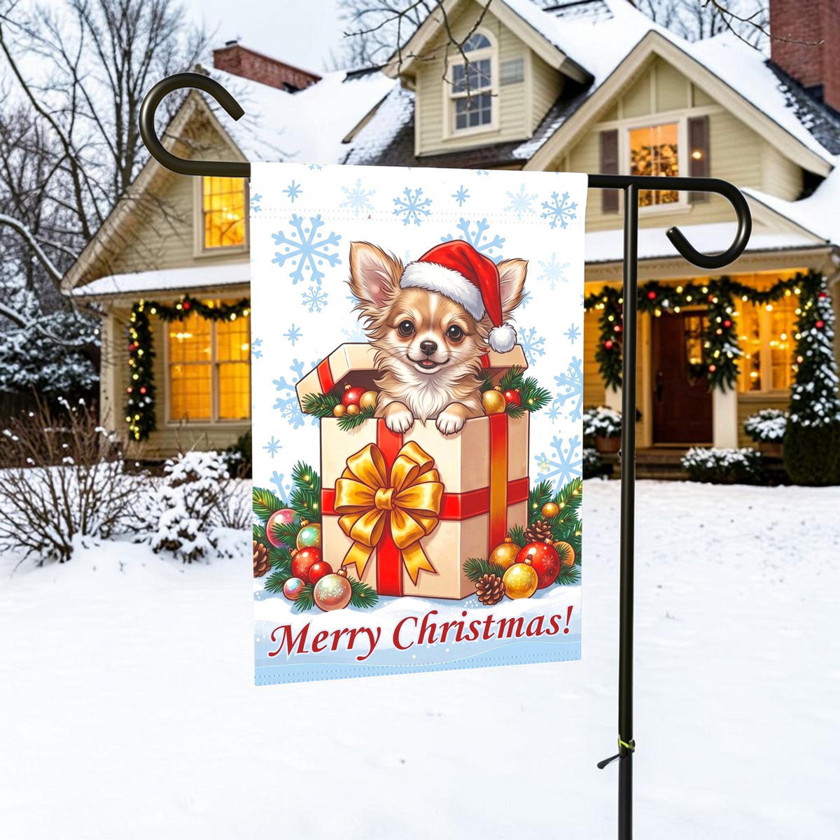Long Hair Chihuahua And Christmas Present Garden Flag