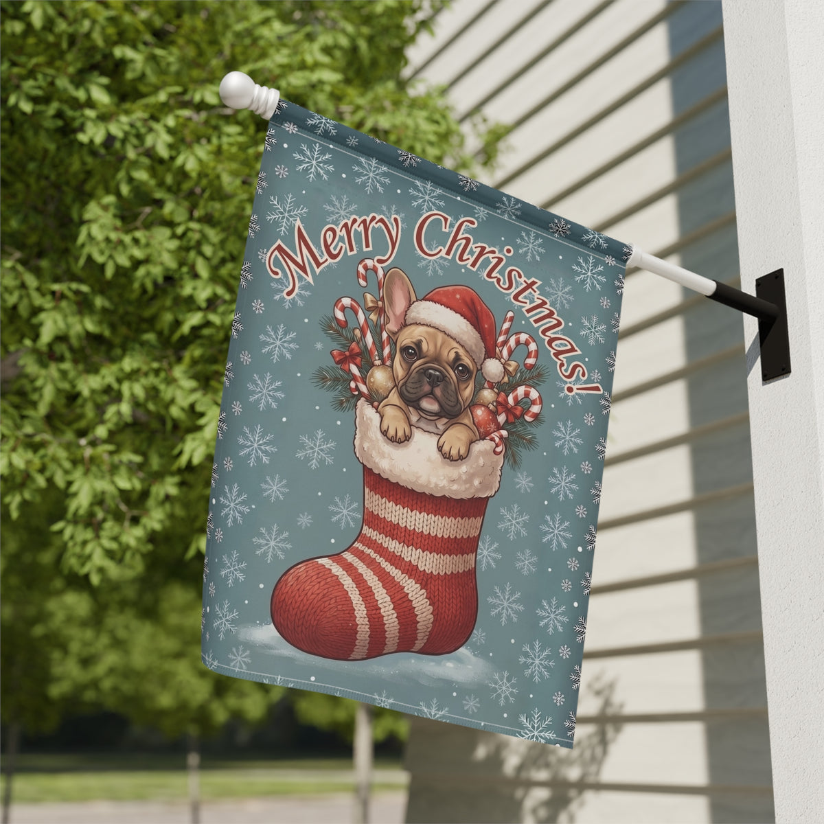 Fawn French Bulldog And Christmas Stocking Garden Flag