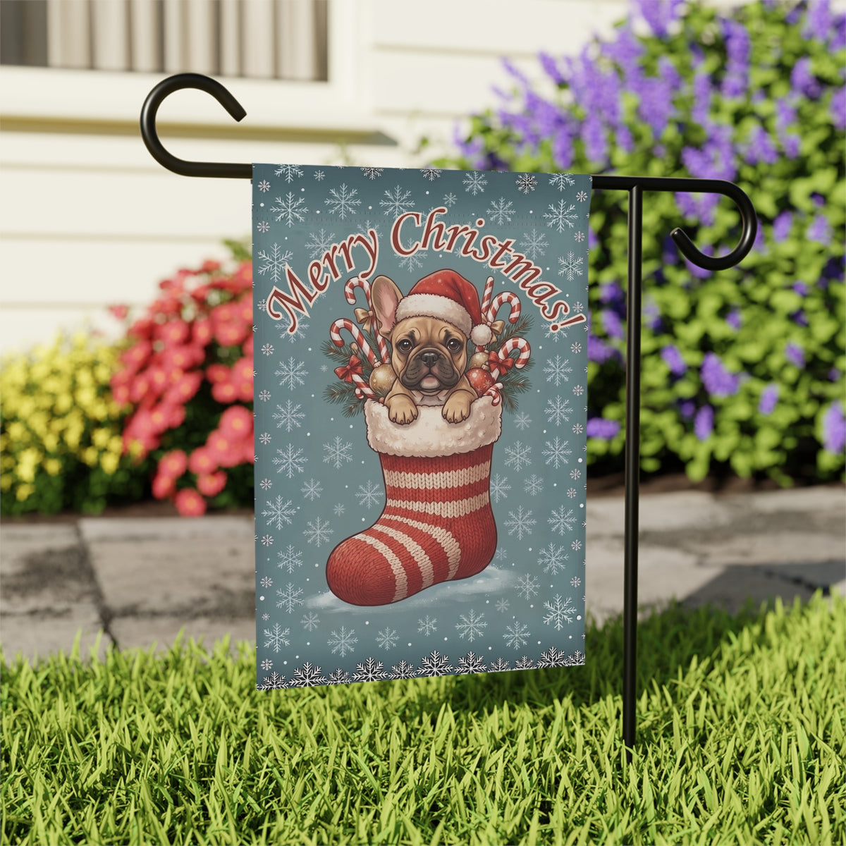 Fawn French Bulldog And Christmas Stocking Garden Flag