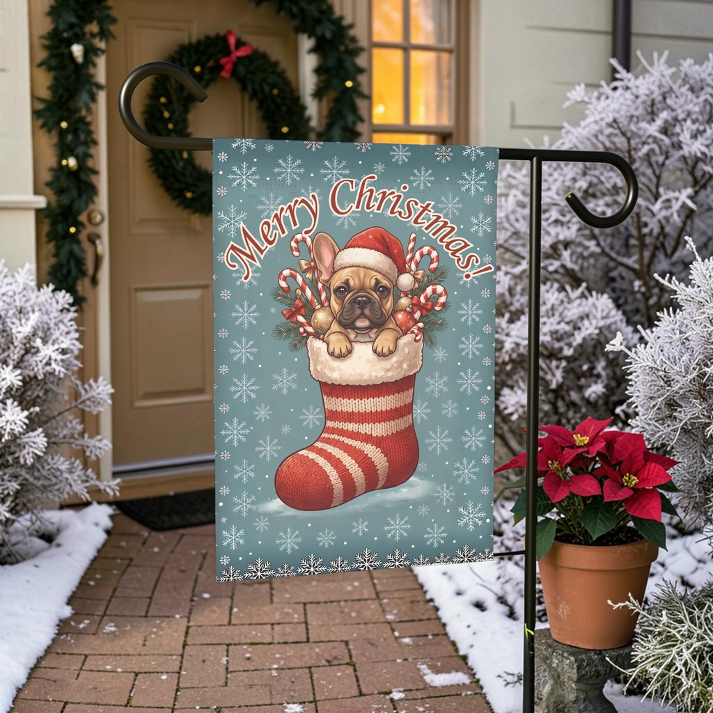Fawn French Bulldog And Christmas Stocking Garden Flag