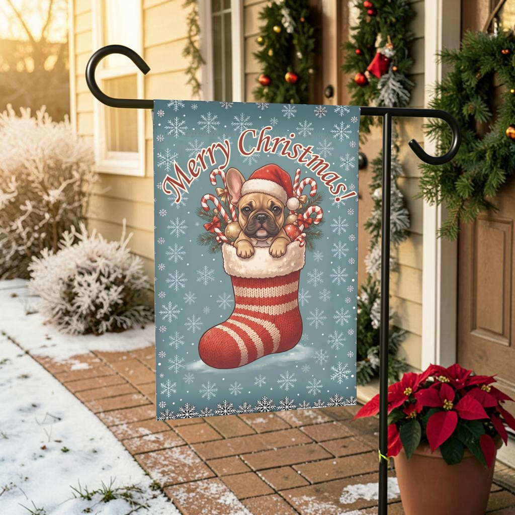 Fawn French Bulldog And Christmas Stocking Garden Flag