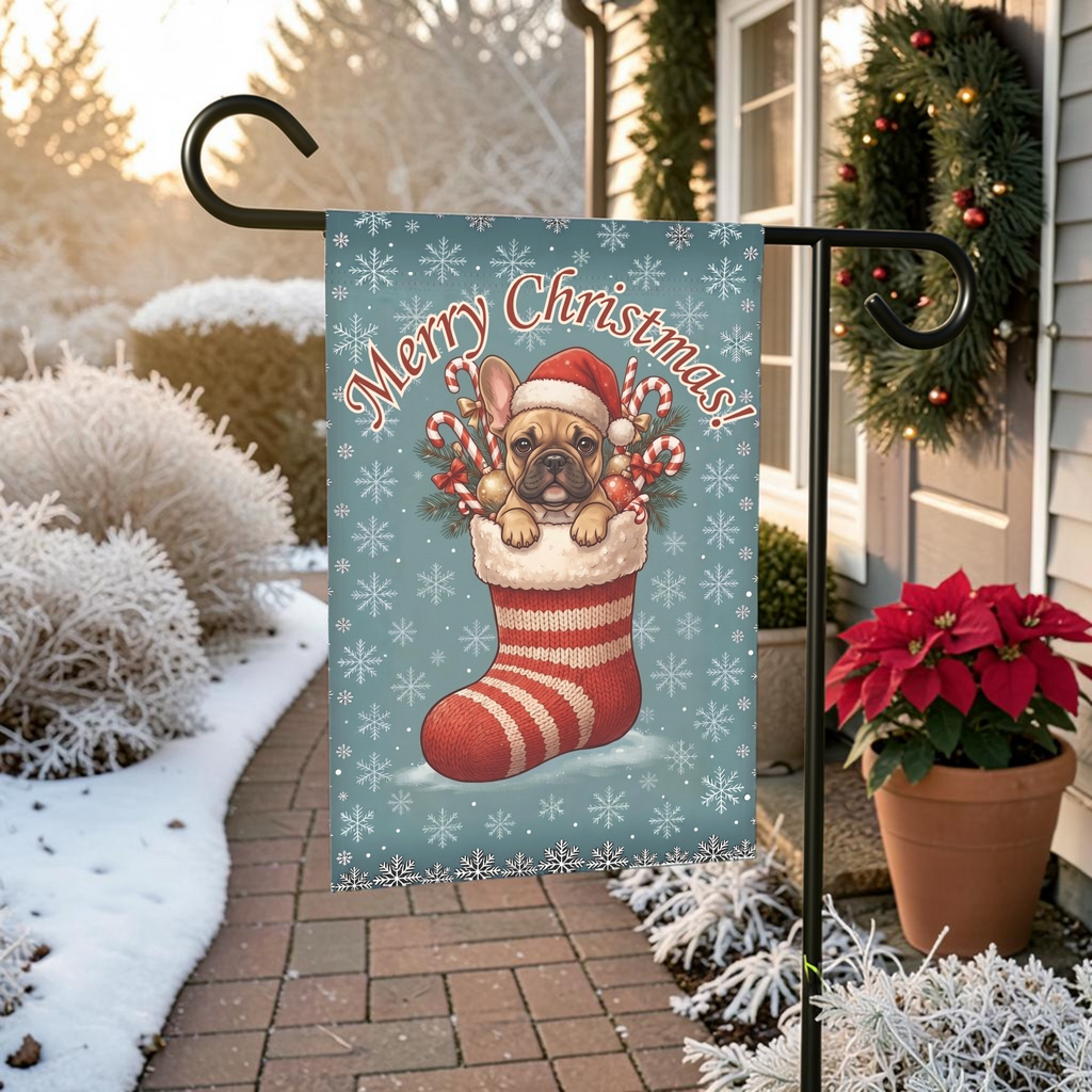 Fawn French Bulldog And Christmas Stocking Garden Flag
