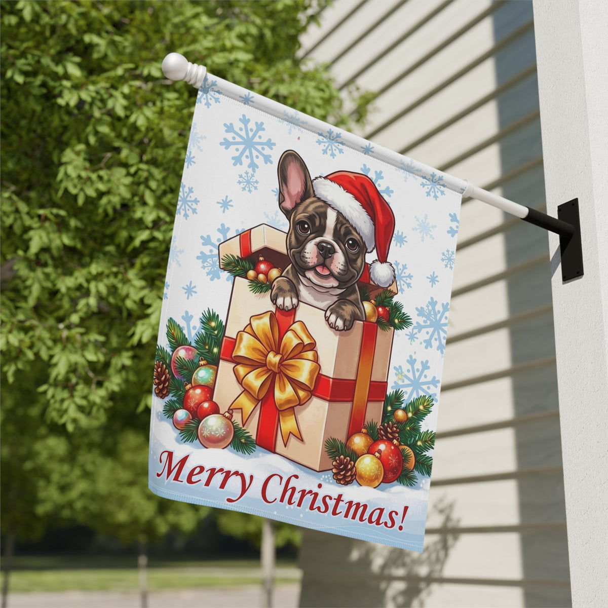 Brindle French Bulldog And Christmas Present Garden Flag