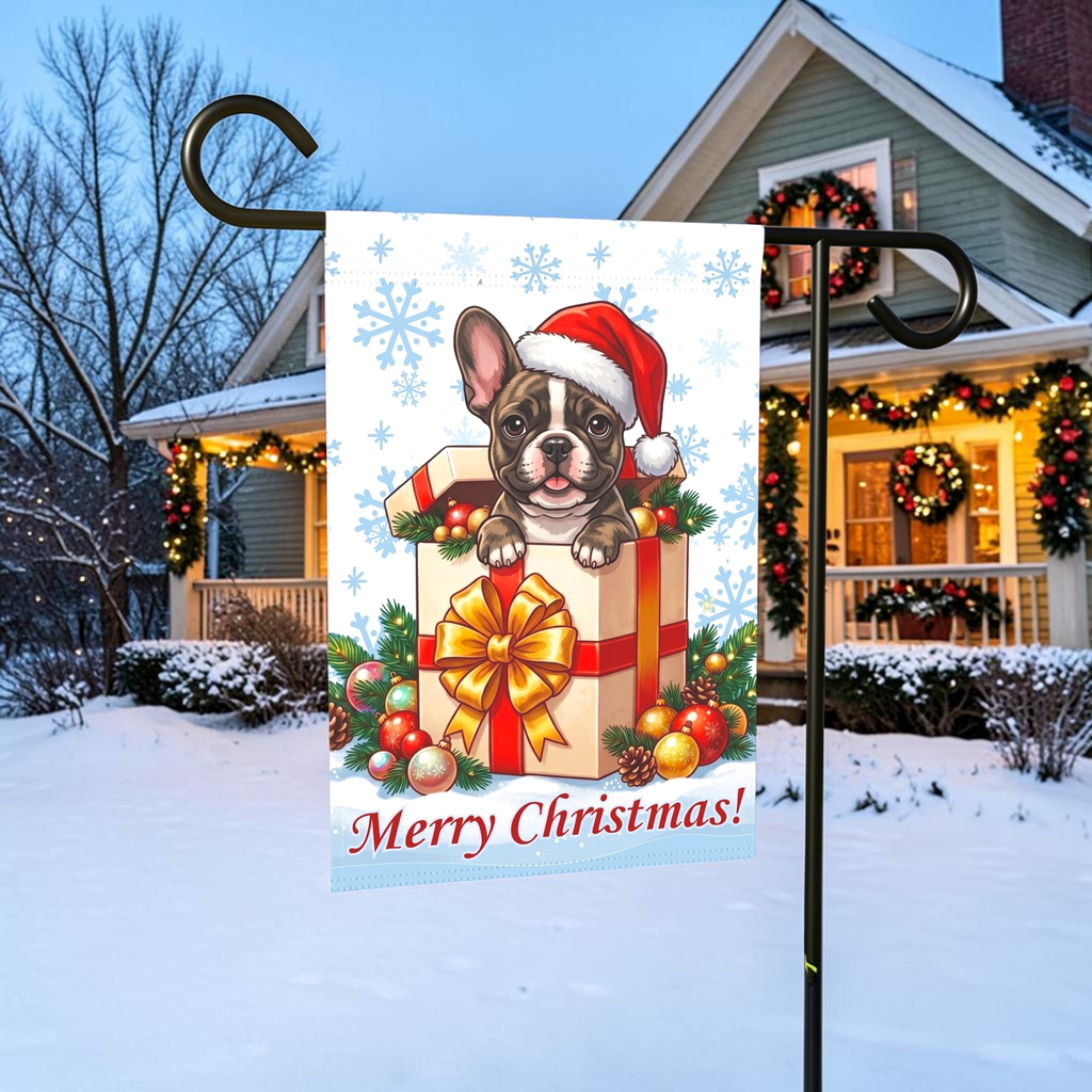 Brindle French Bulldog And Christmas Present Garden Flag