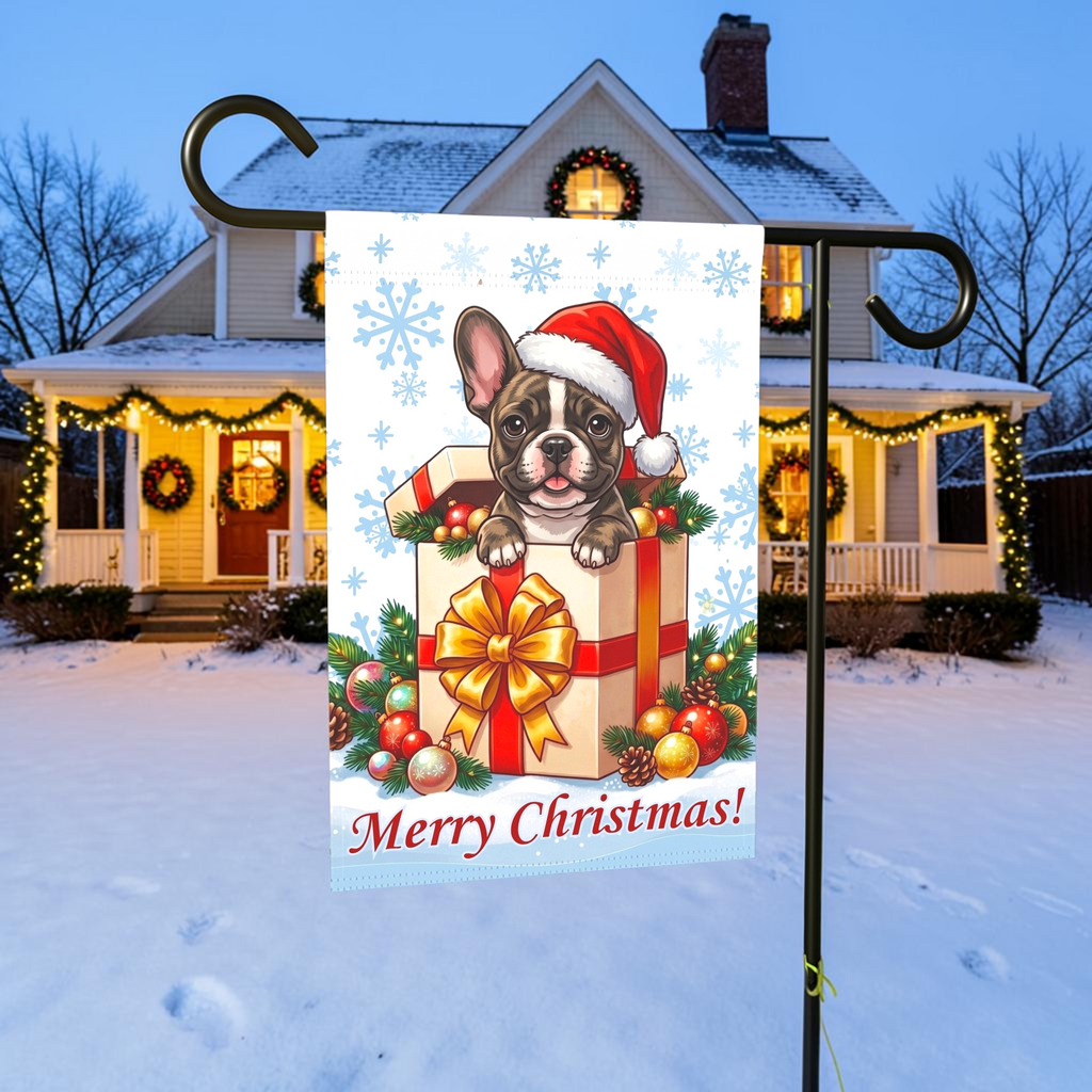 Brindle French Bulldog And Christmas Present Garden Flag
