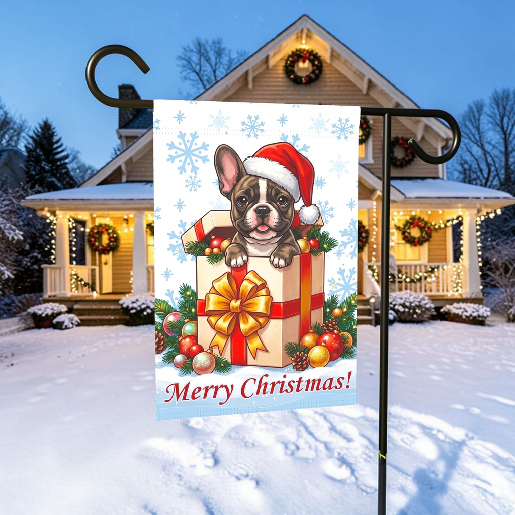 Brindle French Bulldog And Christmas Present Garden Flag
