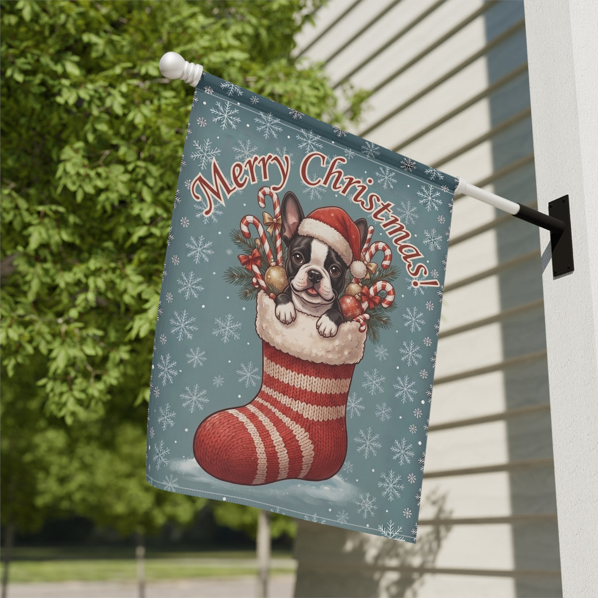 Black And White Boston Terrier And Christmas Stocking Garden Flag