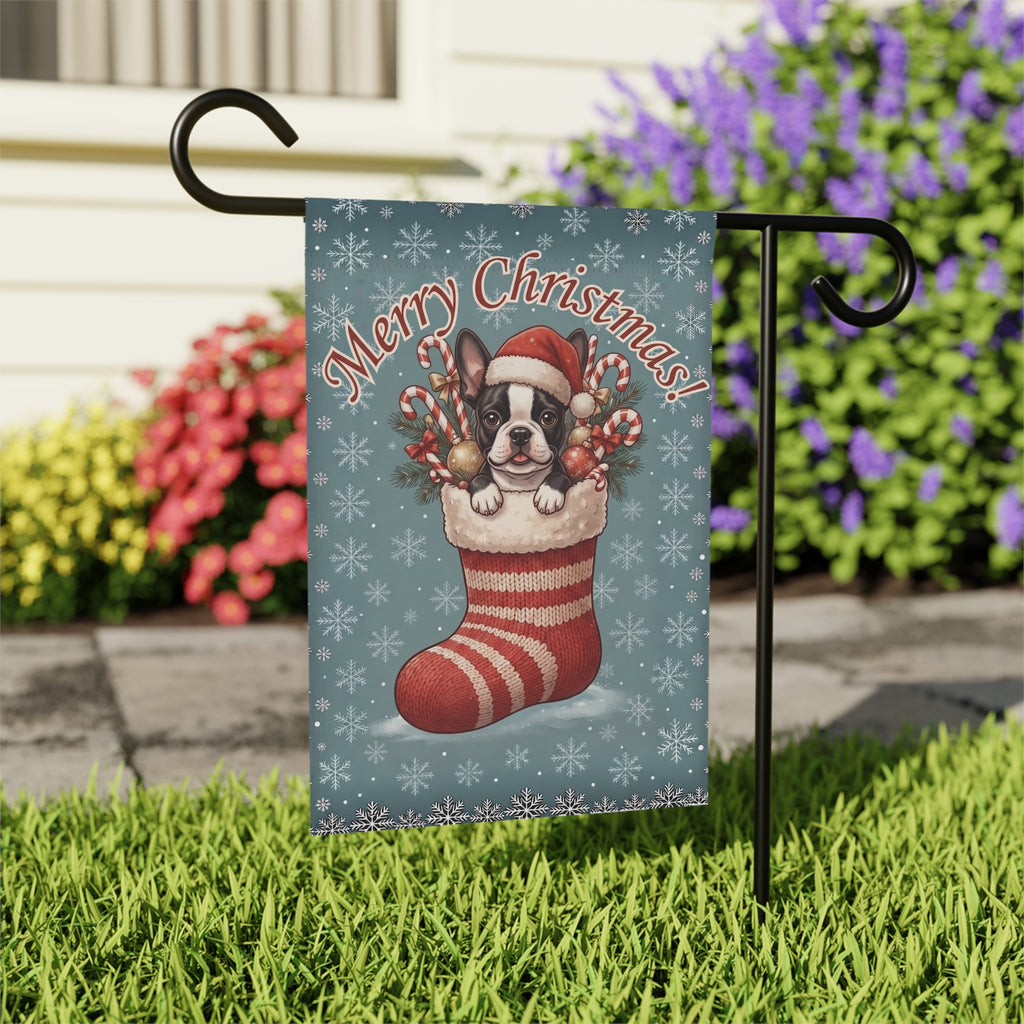 Black And White Boston Terrier And Christmas Stocking Garden Flag