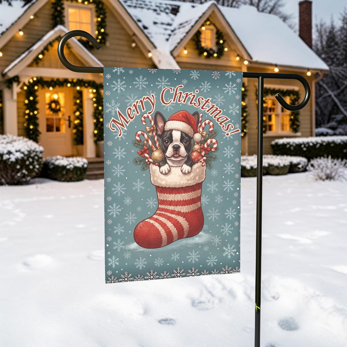 Black And White Boston Terrier And Christmas Stocking Garden Flag