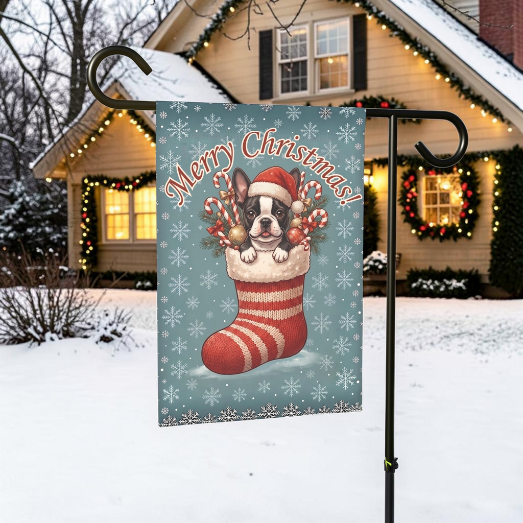 Black And White Boston Terrier And Christmas Stocking Garden Flag