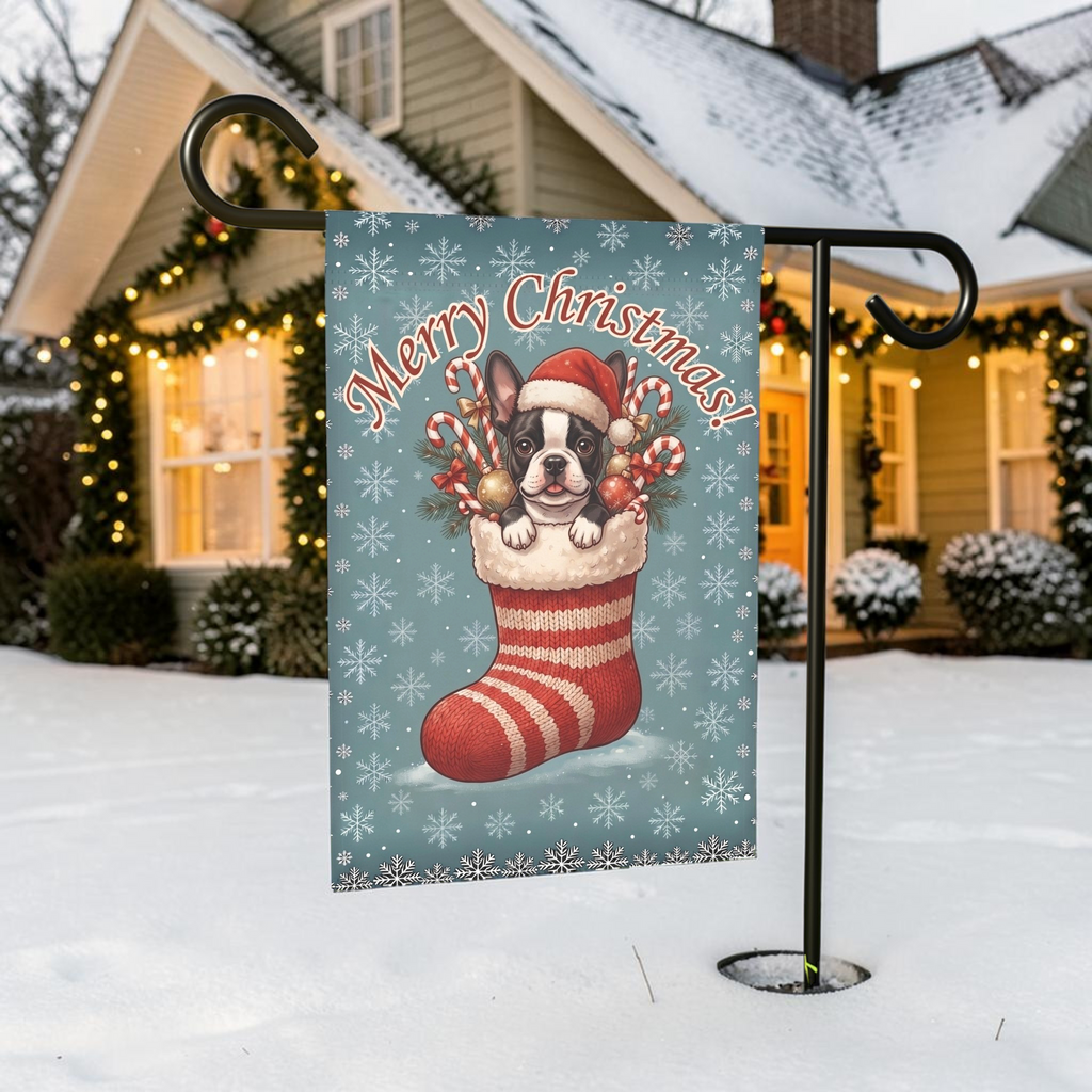 Black And White Boston Terrier And Christmas Stocking Garden Flag