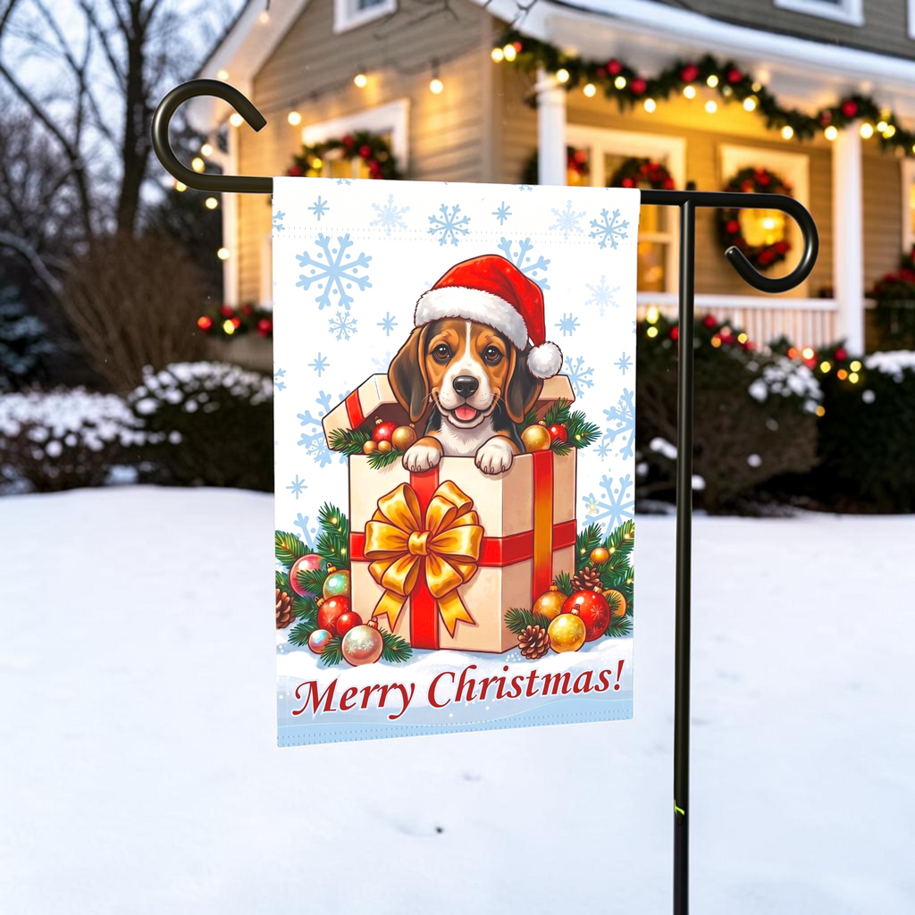 Beagle and Christmas Present Garden Flag