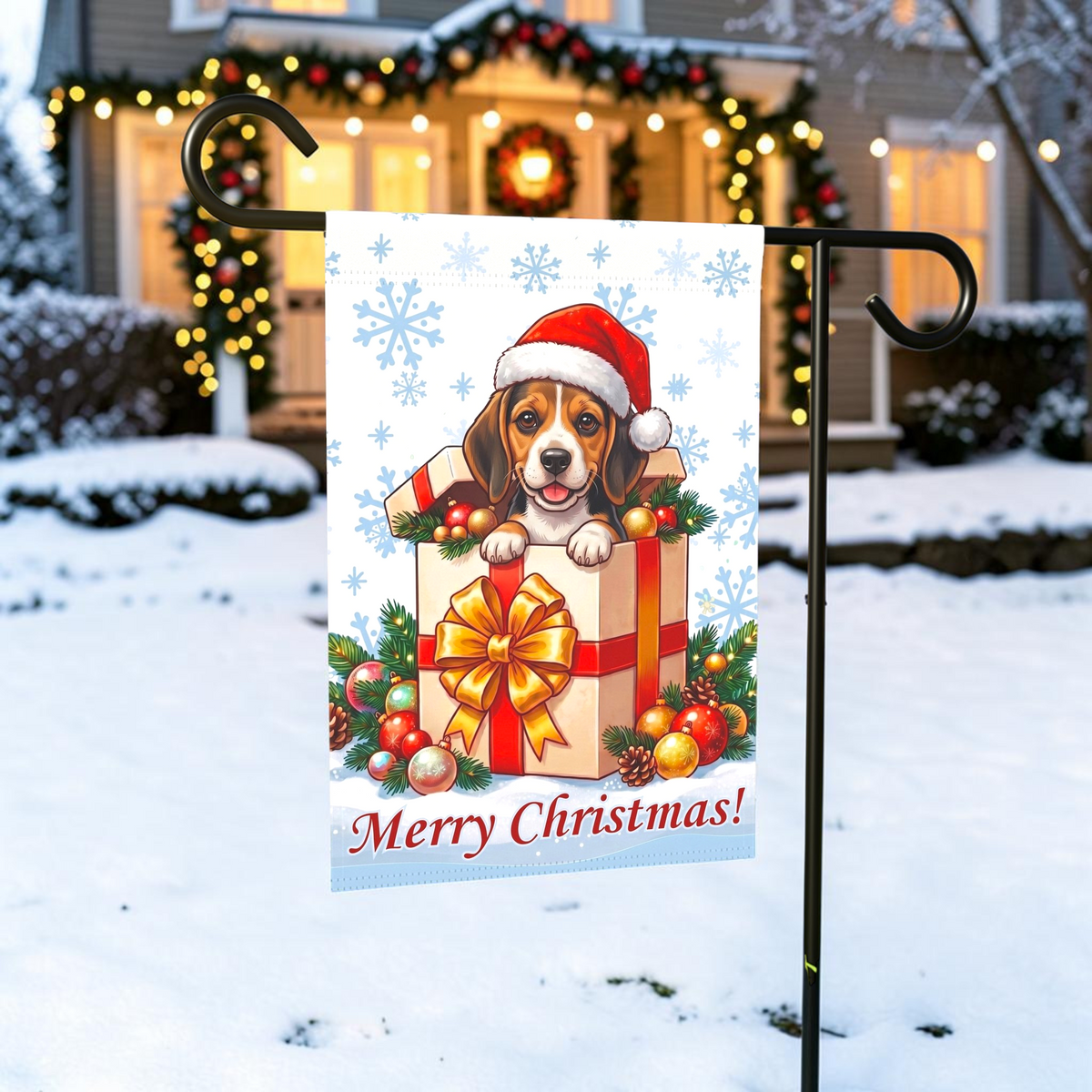 Beagle and Christmas Present Garden Flag