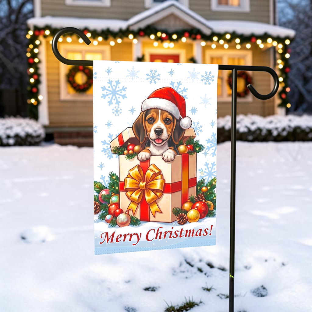 Beagle and Christmas Present Garden Flag