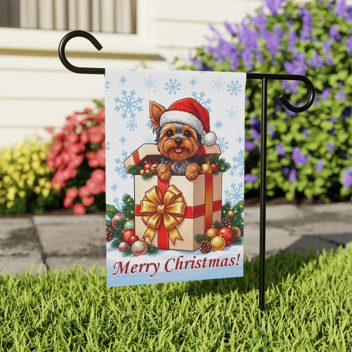 Yorkshire Terrier And Christmas Present Garden Flag