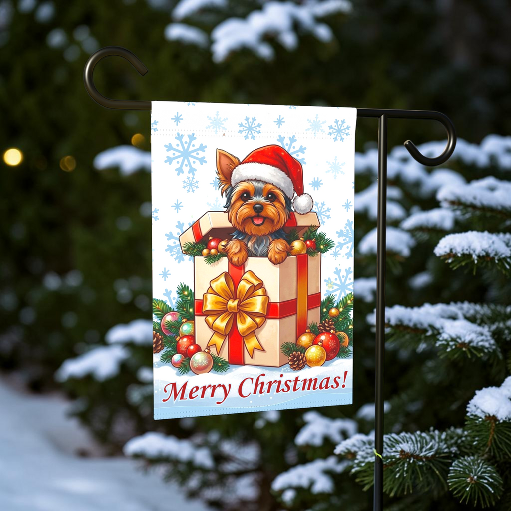 Yorkshire Terrier And Christmas Present Garden Flag