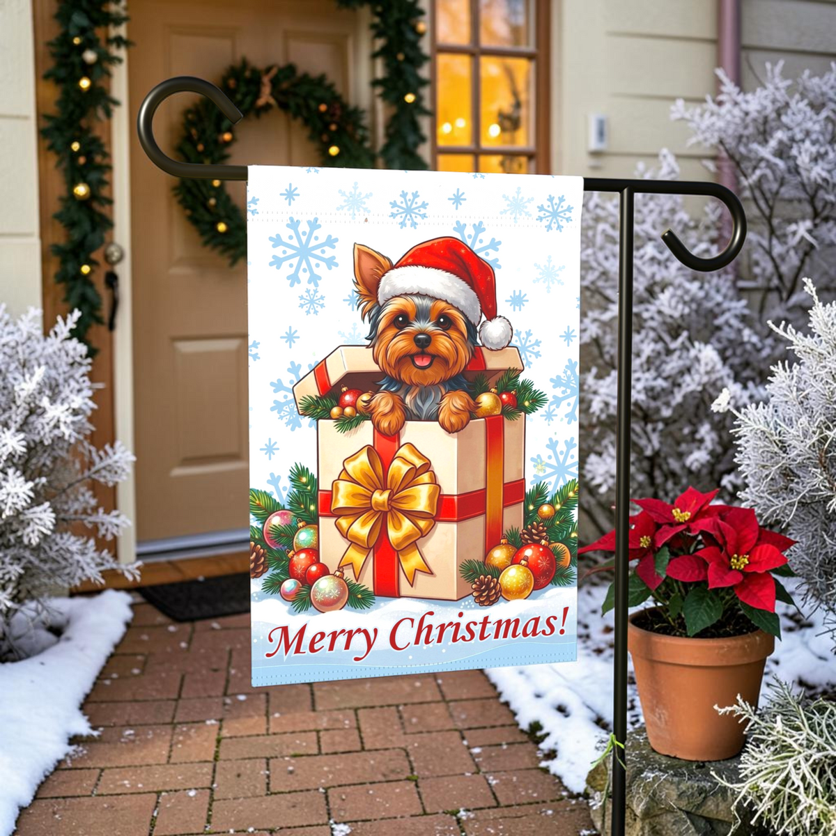 Yorkshire Terrier And Christmas Present Garden Flag