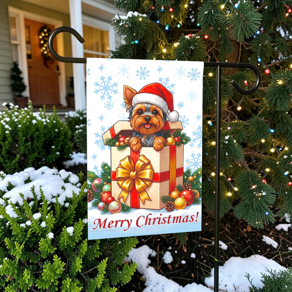 Yorkshire Terrier And Christmas Present Garden Flag