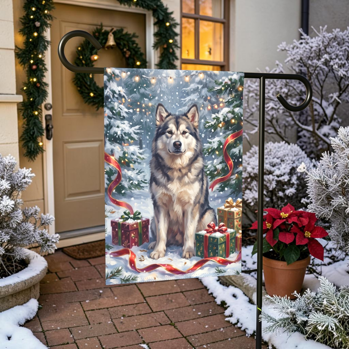 Snowy Forest Christmas Alaskan Malamute Garden Flag