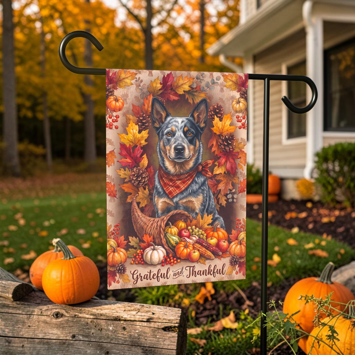 Grateful And Thankful Australian Cattle Dog Thanksgiving Garden Flag