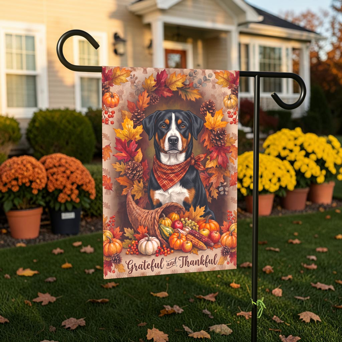 Grateful And Thankful Appenzeller Sennenhund Thanksgiving Garden Flag