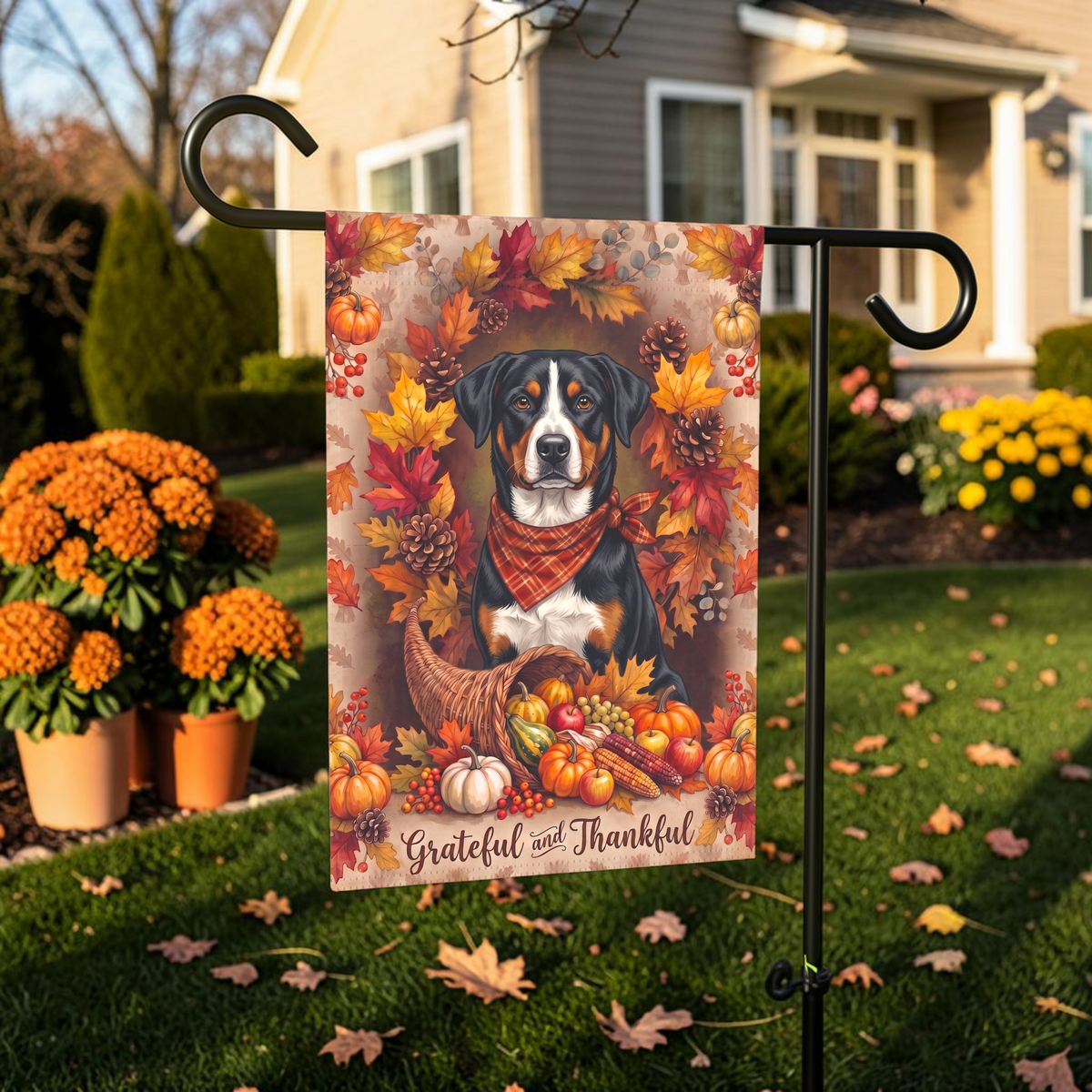 Grateful And Thankful Appenzeller Sennenhund Thanksgiving Garden Flag