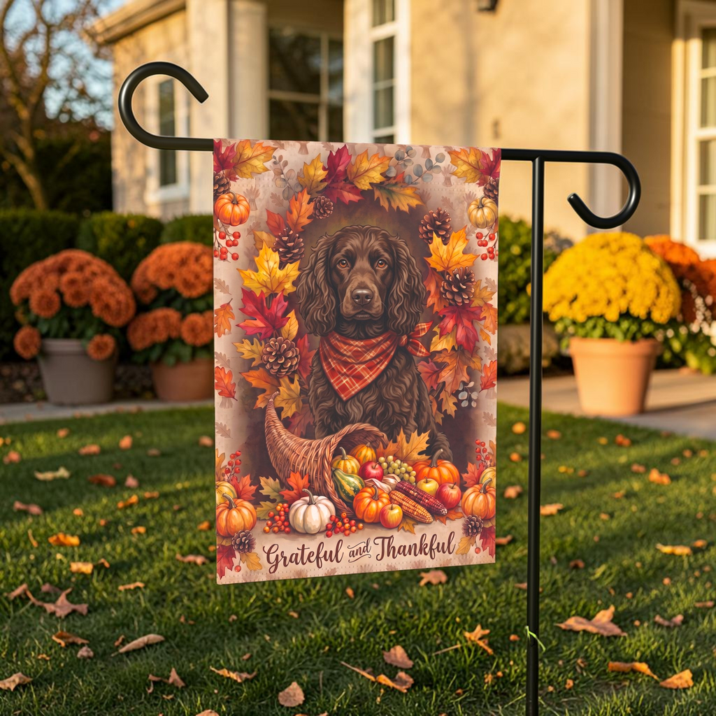 Grateful And Thankful American Water Spaniel Thanksgiving Garden Flag