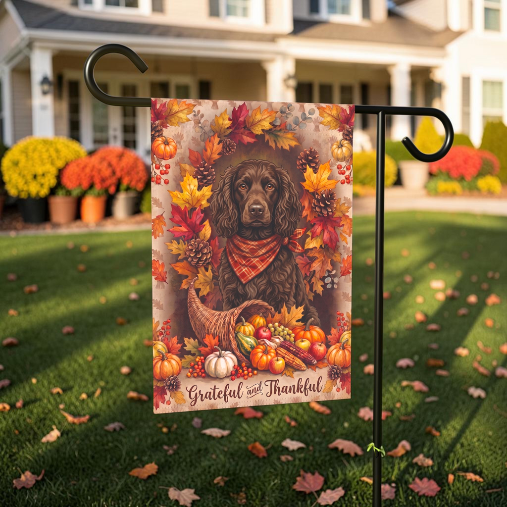 Grateful And Thankful American Water Spaniel Thanksgiving Garden Flag