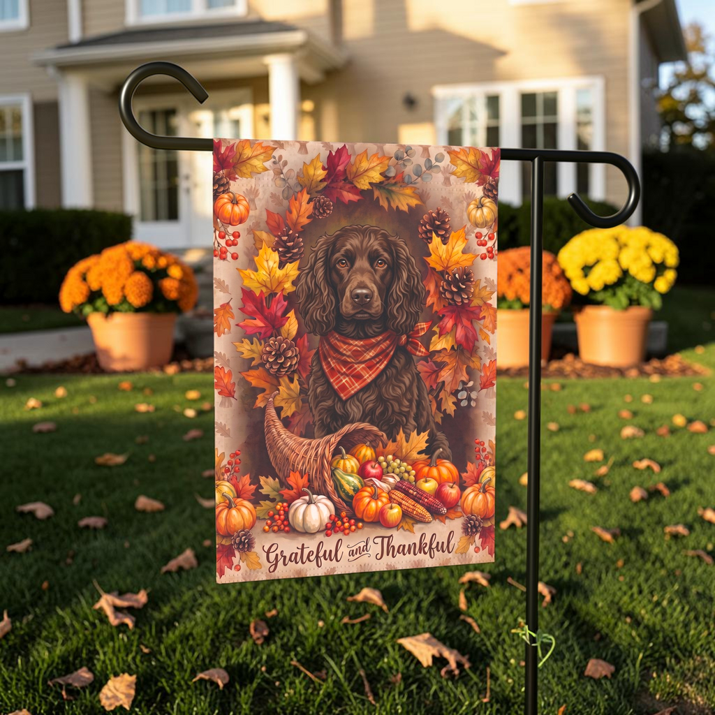 Grateful And Thankful American Water Spaniel Thanksgiving Garden Flag