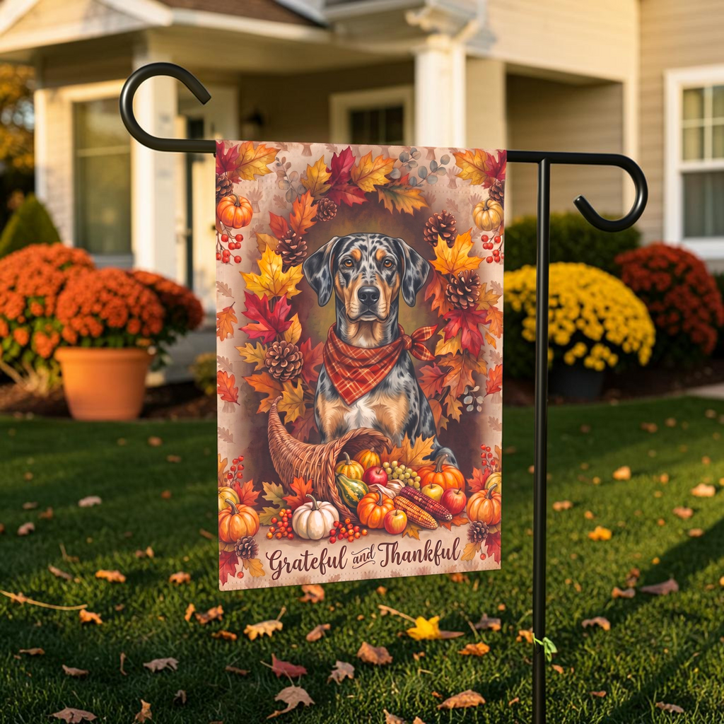 Grateful And Thankful American Leopard Hound Thanksgiving Garden Flag