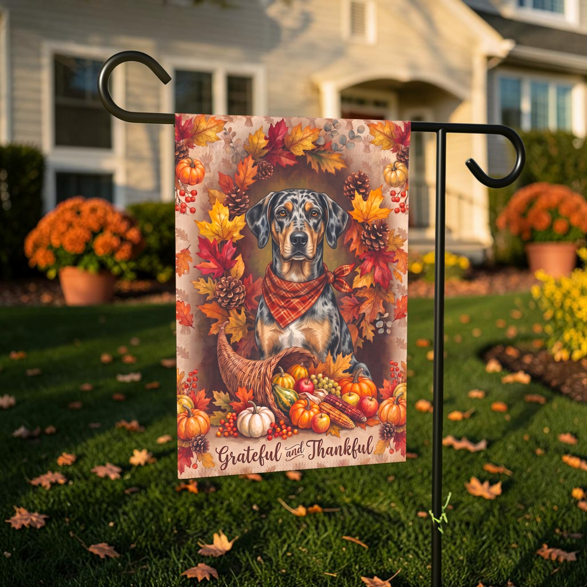 Grateful And Thankful American Leopard Hound Thanksgiving Garden Flag
