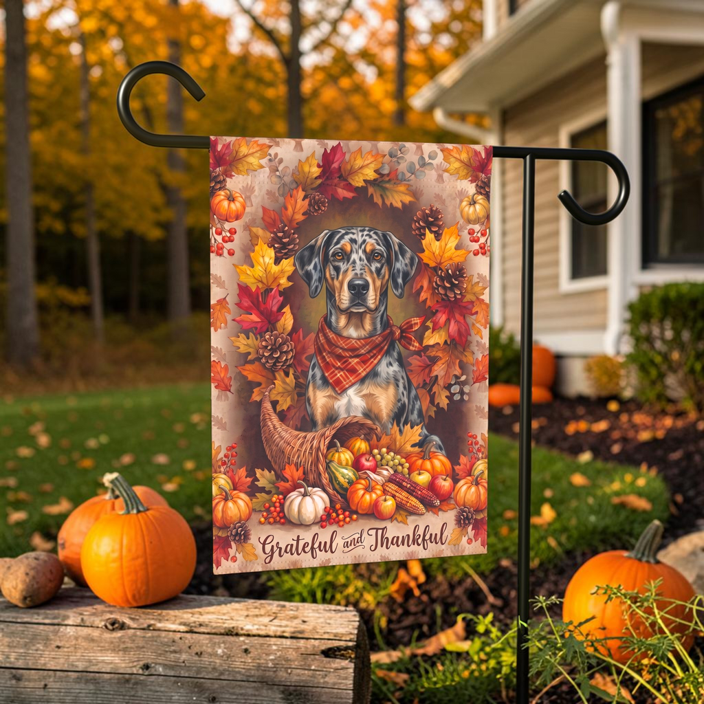 Grateful And Thankful American Leopard Hound Thanksgiving Garden Flag