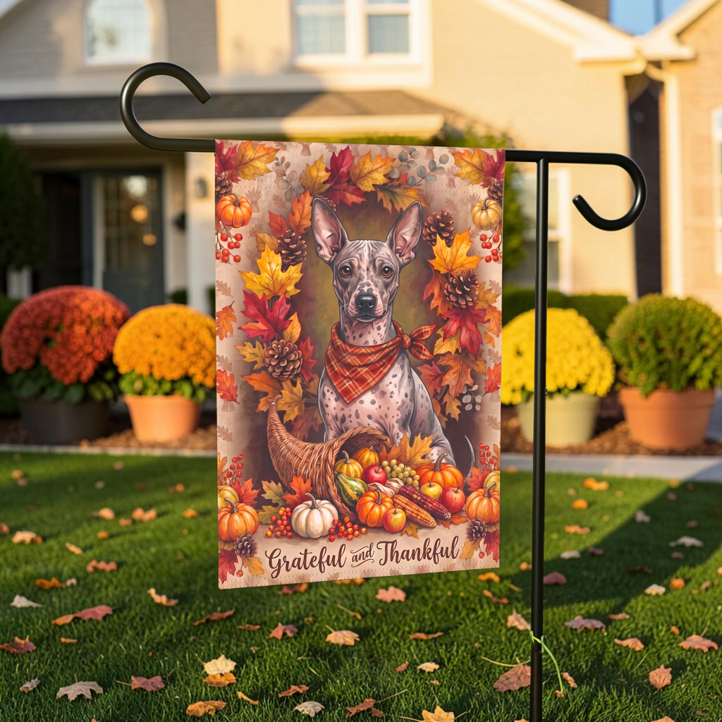 Grateful And Thankful American Hairless Terrier Thanksgiving Garden Flag