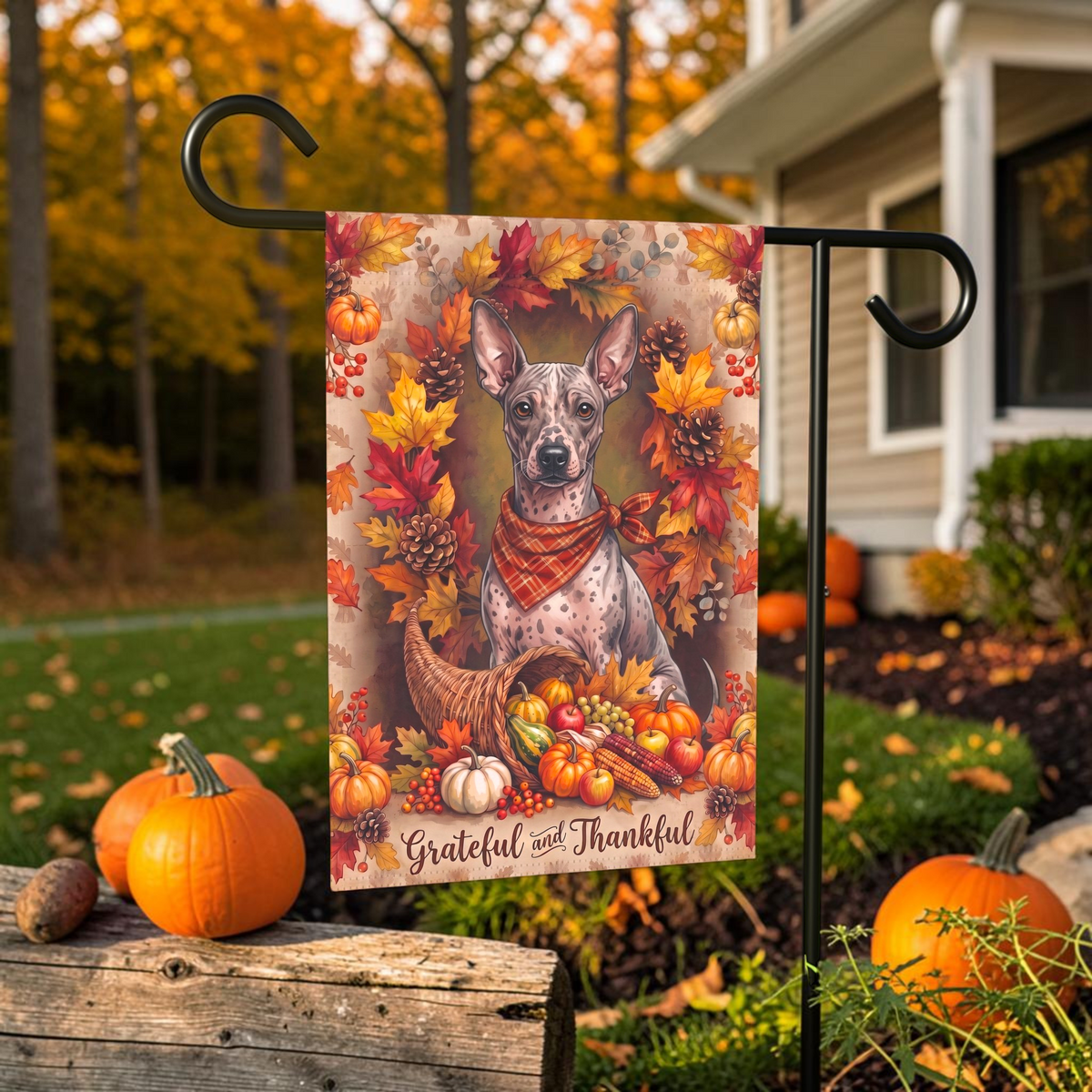 Grateful And Thankful American Hairless Terrier Thanksgiving Garden Flag