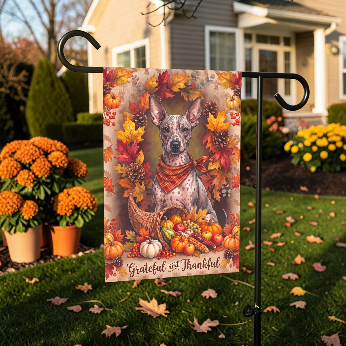 Grateful And Thankful American Hairless Terrier Thanksgiving Garden Flag