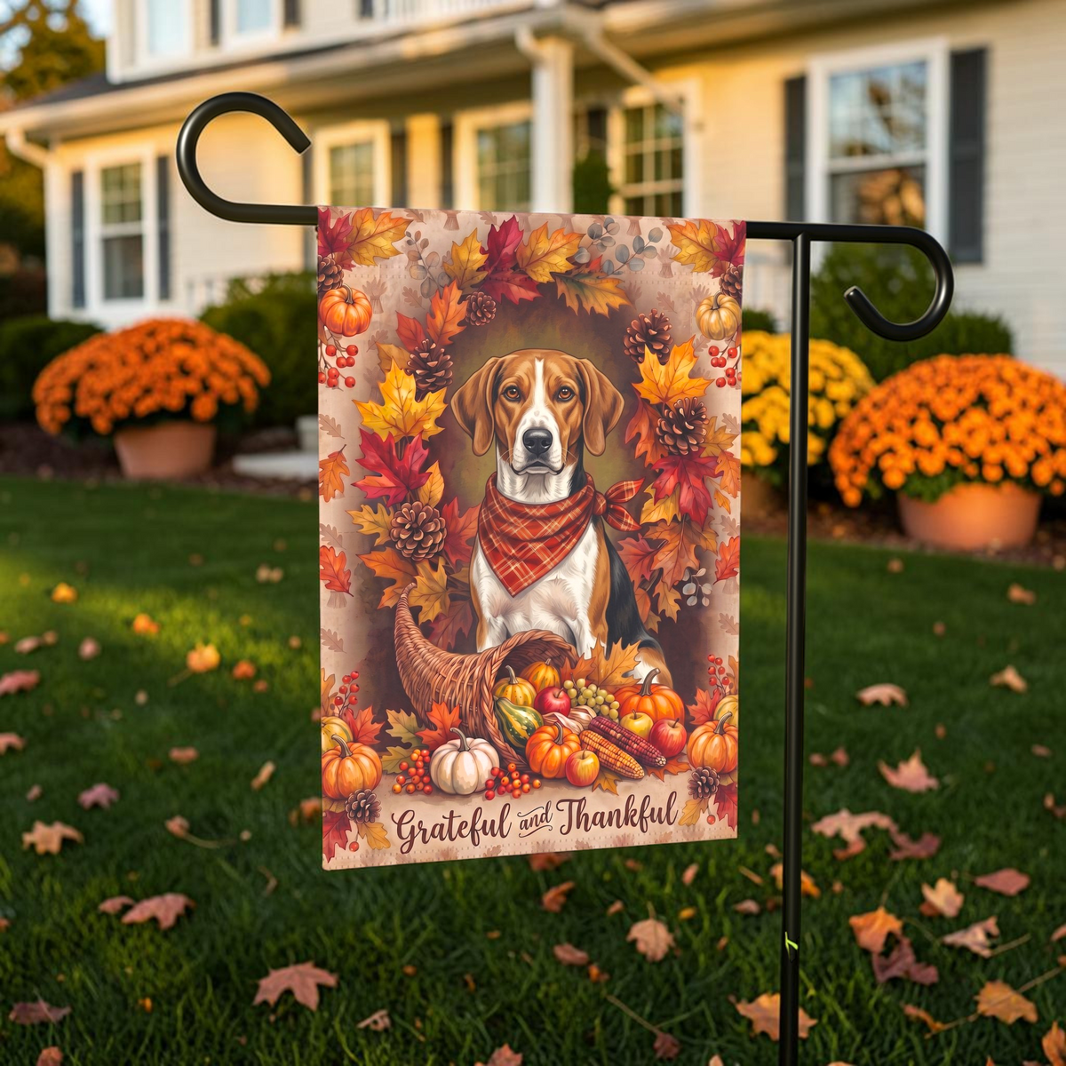 Grateful And Thankful American Foxhound Thanksgiving Garden Flag