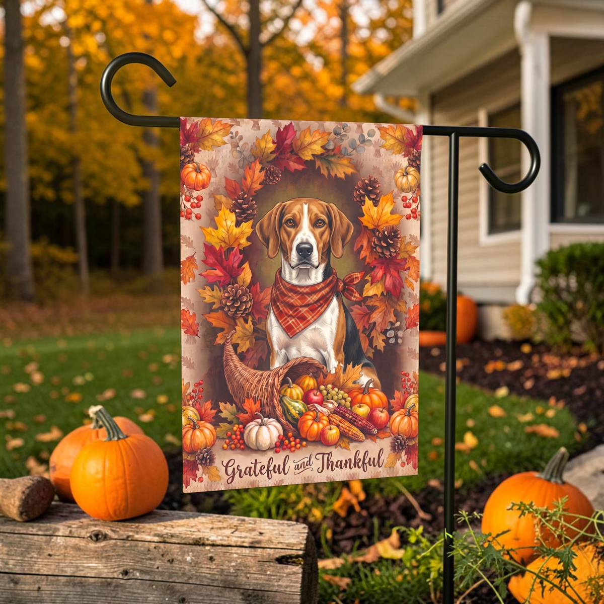 Grateful And Thankful American Foxhound Thanksgiving Garden Flag