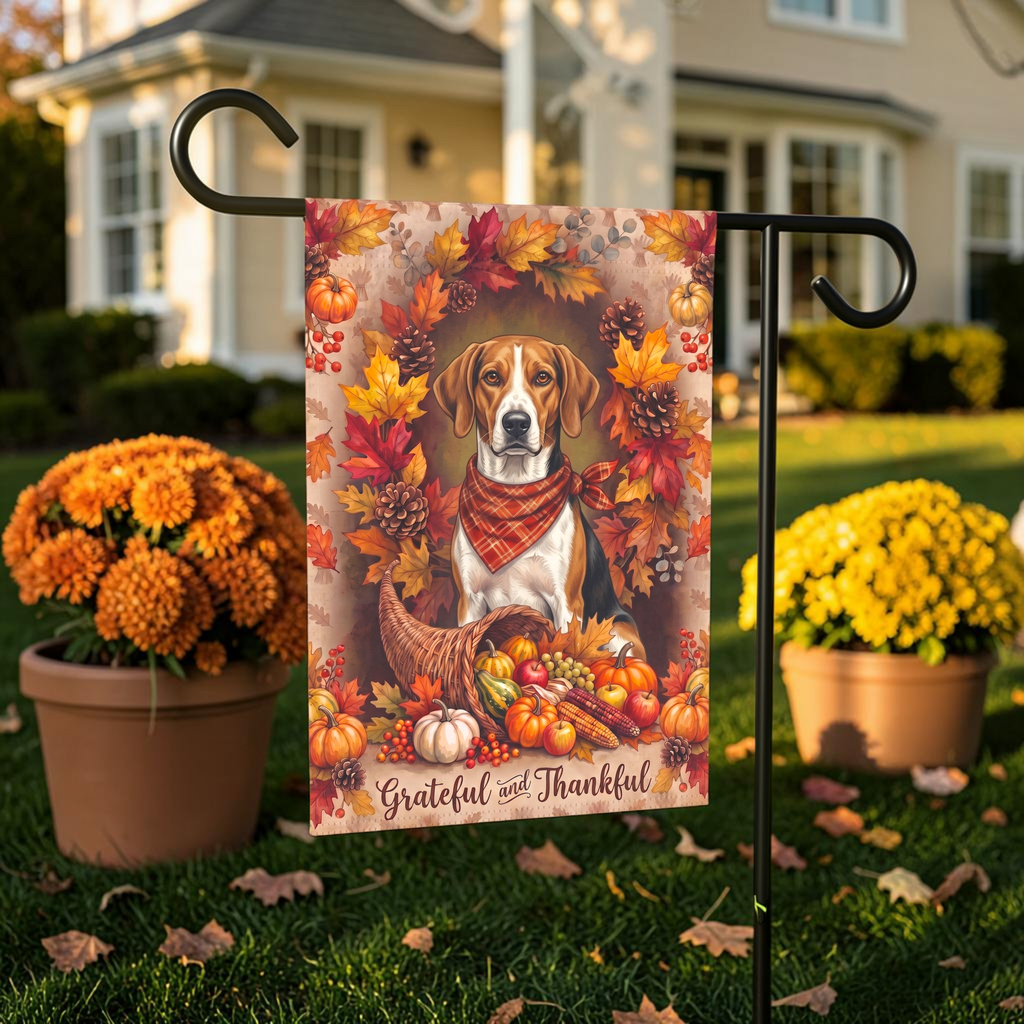 Grateful And Thankful American Foxhound Thanksgiving Garden Flag