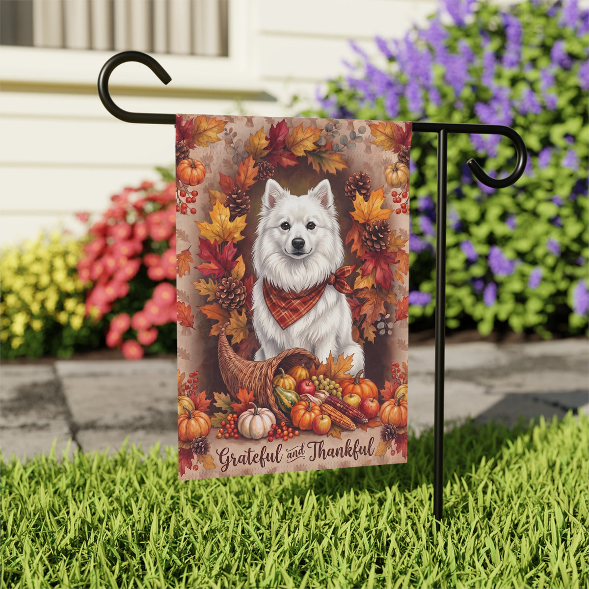 Grateful and Thankful American Eskimo Dog Thanksgiving Garden Flag