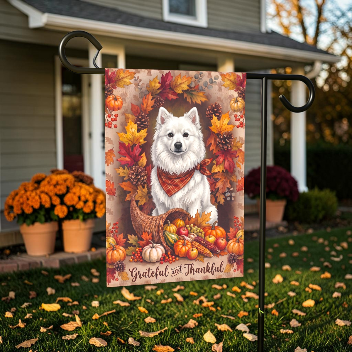 Grateful and Thankful American Eskimo Dog Thanksgiving Garden Flag