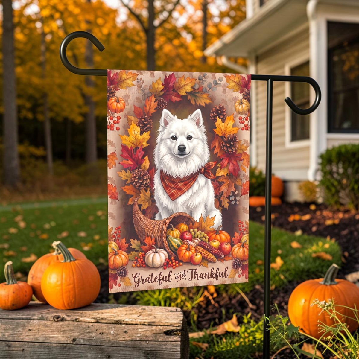 Grateful and Thankful American Eskimo Dog Thanksgiving Garden Flag