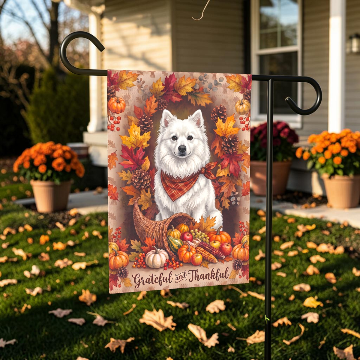 Grateful and Thankful American Eskimo Dog Thanksgiving Garden Flag
