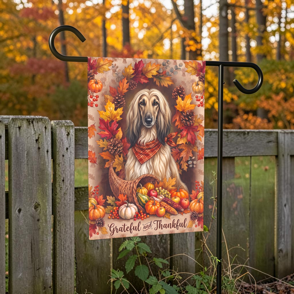 Grateful And Thankful Afghan Hound Thanksgiving Garden Flag